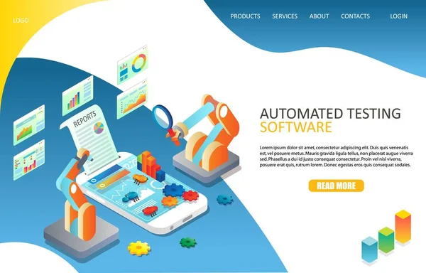 Geautomatiseerde software testen van de landing pagina website vector sjabloon — Stockvector