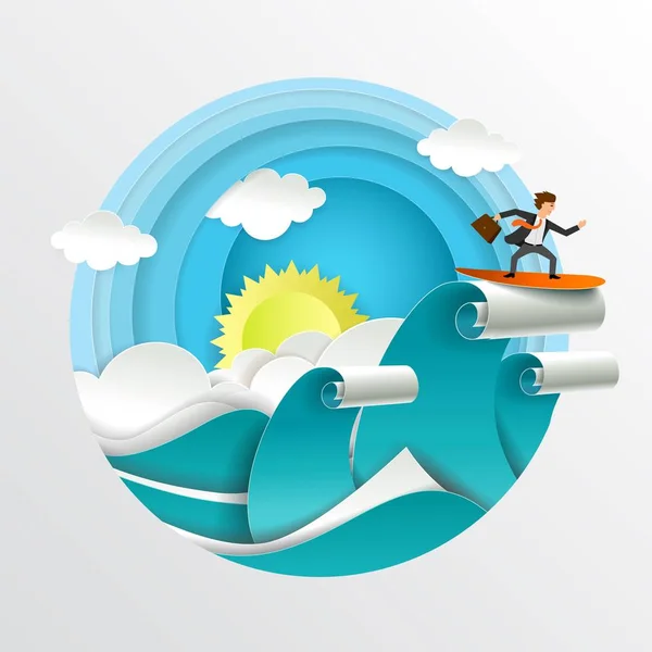 Homme d'affaires surfant sur les vagues illustration de coupe de papier vectoriel — Image vectorielle