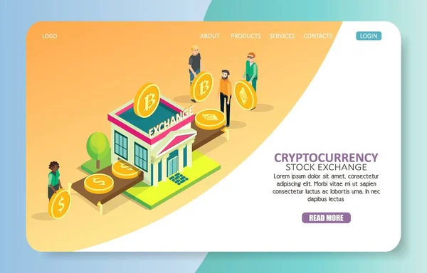 Cryptocurrency stock exchange landing page website vector template — Stock Vector