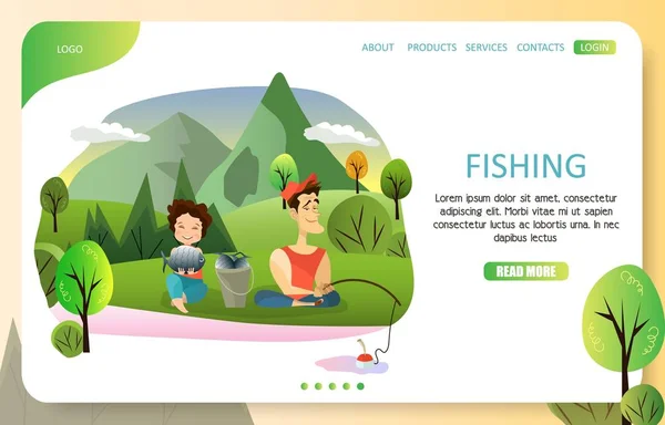 Couple page de destination de pêche site vectoriel modèle — Image vectorielle