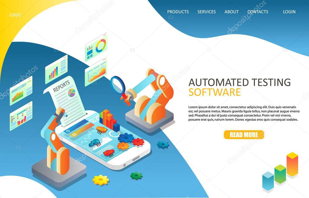 Automated software testing landing page website template. Vector isometric illustration of mobile phone and reports, diagrams, cogwheels, software bugs, robot arms. Mobile application testing concept.