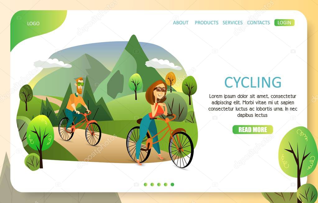 Family cycling landing page website vector template
