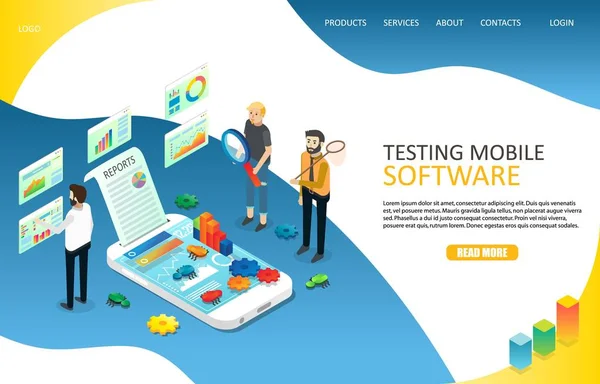 Testen van mobiele software website vector paginasjabloon landing — Stockvector
