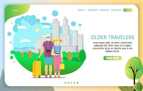 Oudere reizigers landing pagina website vector sjabloon — Stockvector