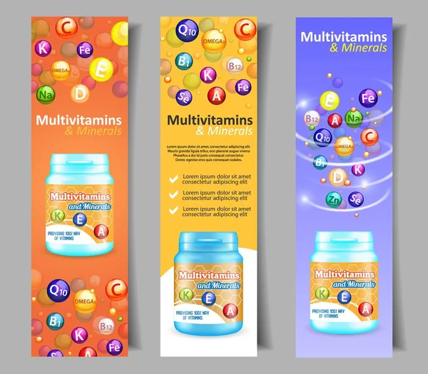 Vektör vitamin ve mineral karmaşık afiş set