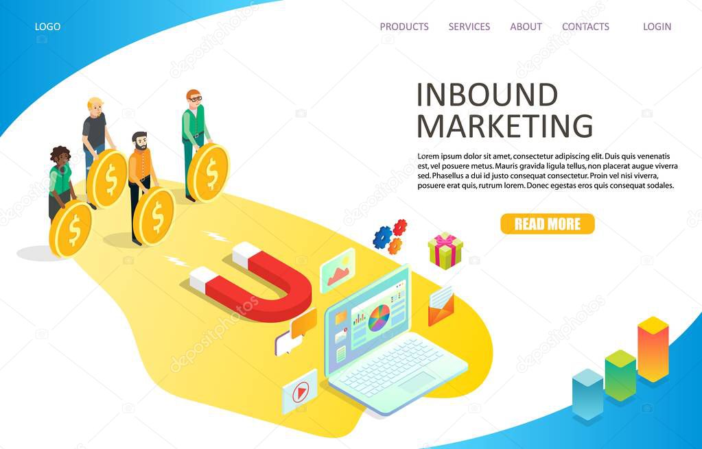 Inbound marketing landing page website template. Vector isometric illustration of laptop, red magnet attracting visitors and potential customers.