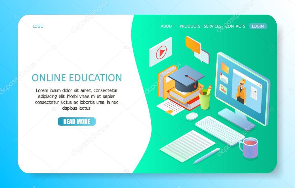 Online education landing page website template. Vector isometric illustration. Online training courses, e-learning, distance education concept.