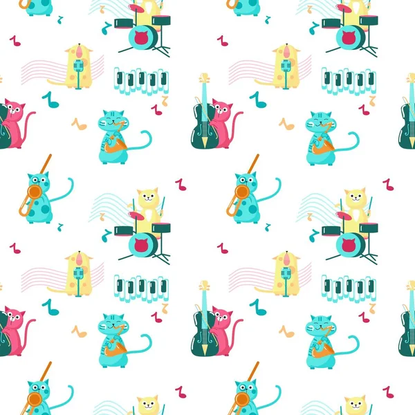 Padrão sem costura vetorial com gatos de música bonito — Vetor de Stock