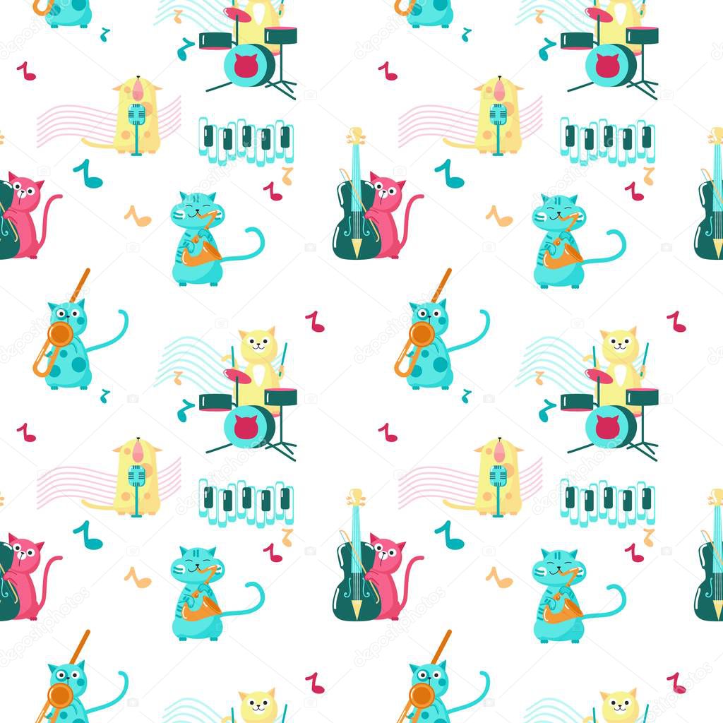 Vector seamless pattern with cute music cats