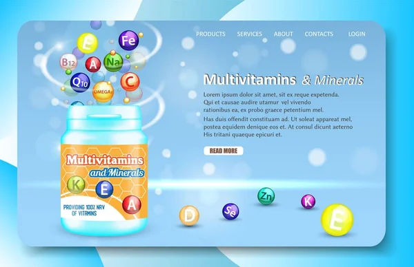 Multivitamine und Mineralien Zielseite Website Vektorvorlage — Stockvektor