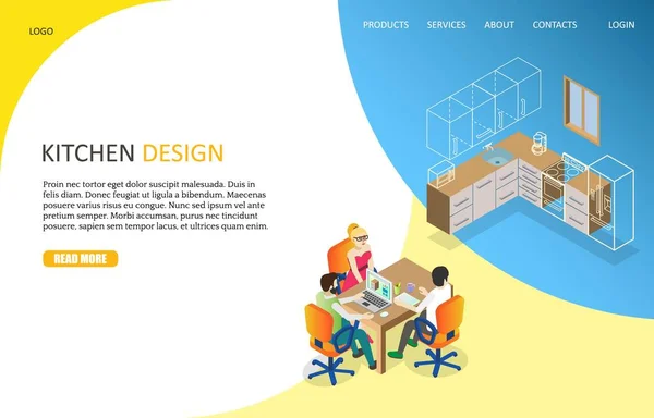 Kök Design Landning Sida Webbplats Mall Isometrisk Vektorillustration Designer Att — Stock vektor