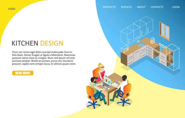 디자인 페이지 웹사이트 템플릿입니다 아이소메트릭 일러스트 디자이너 만드는 부엌의 데스크톱 — 스톡 벡터