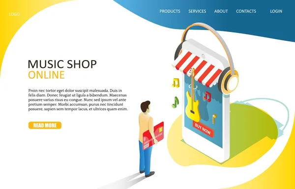 Muziek online winkel landing website vector paginasjabloon — Stockvector