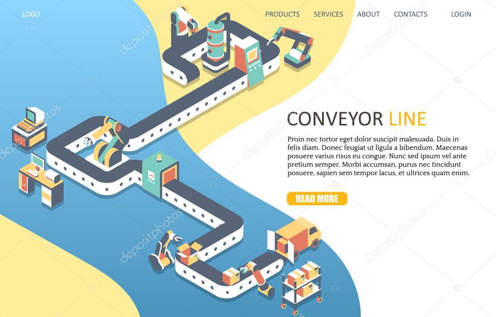Automated production line landing page website template. Vector isometric industrial automatic conveyor line with robotic arms. Robotic assembly and packaging process concept.