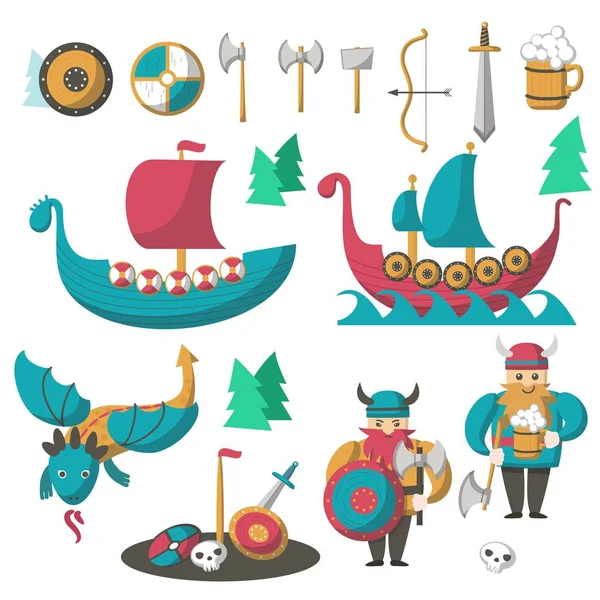 Vetor vikings planos, dragão voador e longships — Vetor de Stock