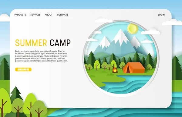 Vector papel corte verano campamento landing page página web plantilla — Vector de stock