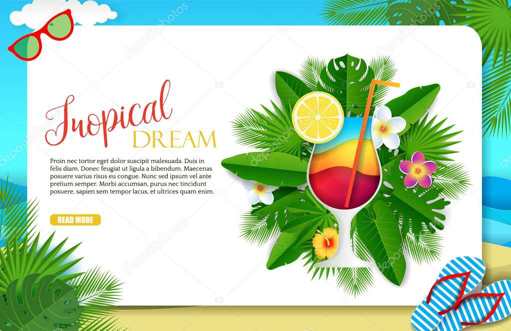 Tropical dream landing page website template. Vector paper cut glass of exotic cocktail with slice of lemon surrounded with tropical flowers, palm leaves.