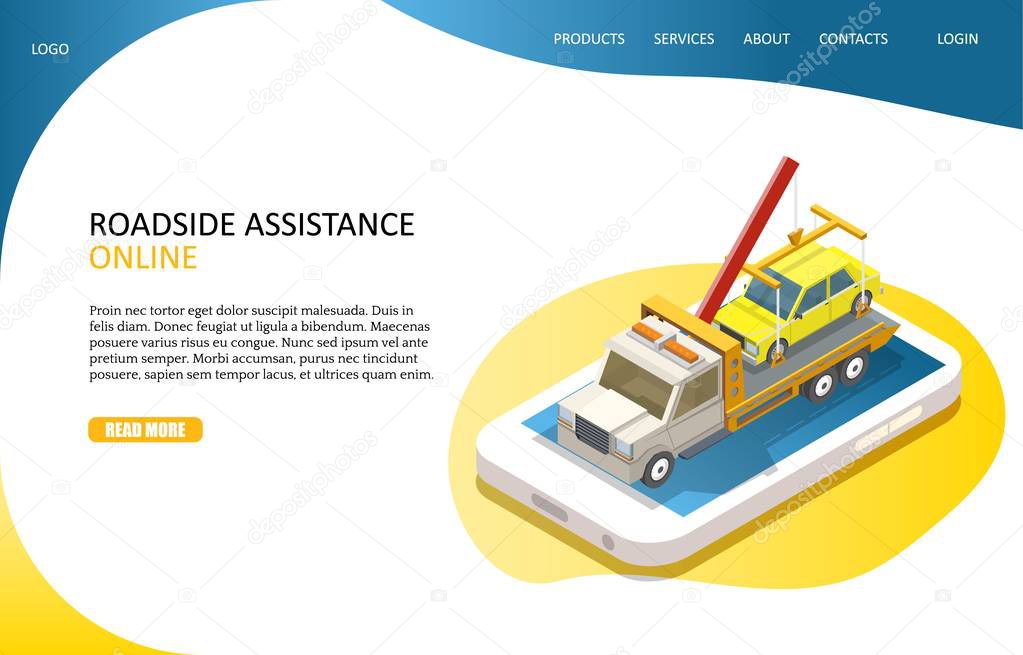 Online roadside assistance landing page website template. Vector isometric smartphone with yellow car on tow truck evacuator. Car towing service mobile app.