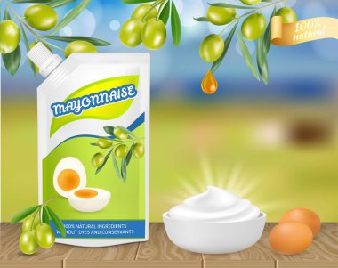 Doğal zeytin mayonese reklam vektör gerçekçi çizim
