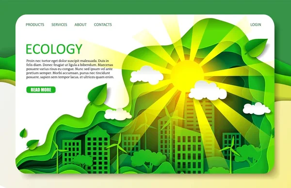 Kertas vektor memotong templat situs web ecology landing page - Stok Vektor