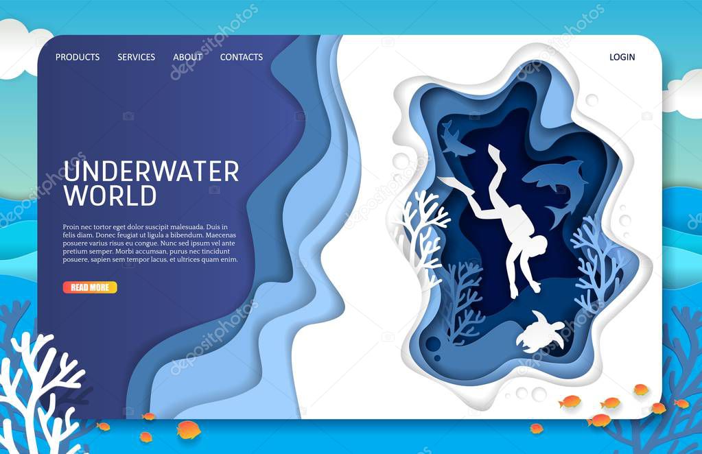 Underwater world landing page website template. Vector paper cut tropical underwater sea cave with coral reef fish seaweed and scuba diver swimming with sea turtle and sharks.