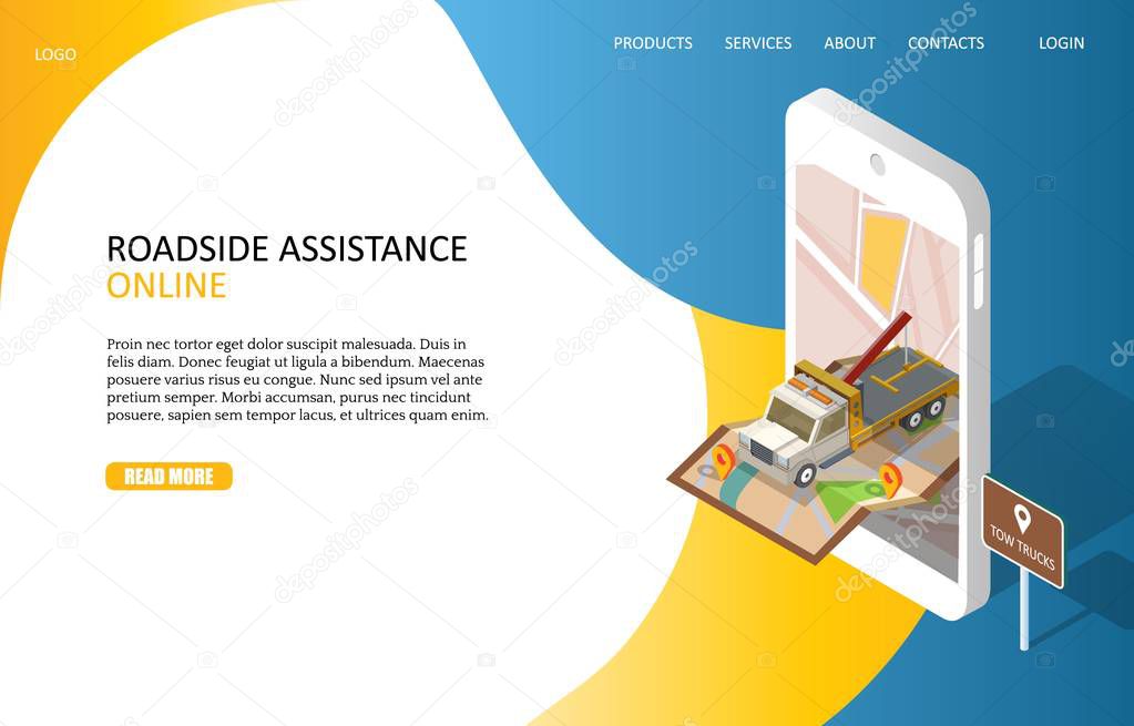 Online roadside assistance landing page website template. Vector isometric smartphone with map and tow truck evacuator. Car towing service mobile app.