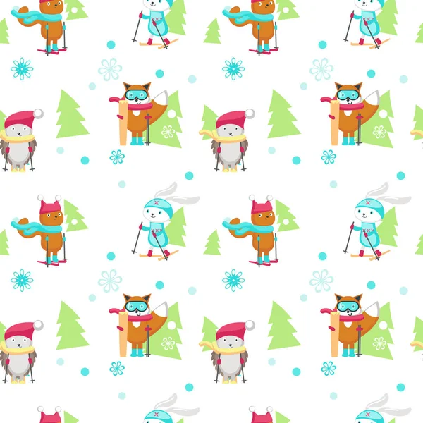 Vector seamless pattern with cute skiing animals — Stock Vector