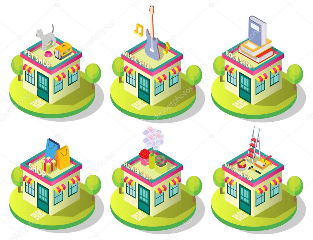 Vector isometric city shop building icon set