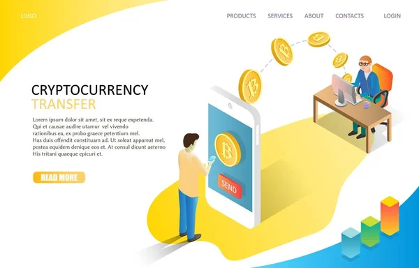 Cryptocurrency transfer landing page website vector template — Stock Vector