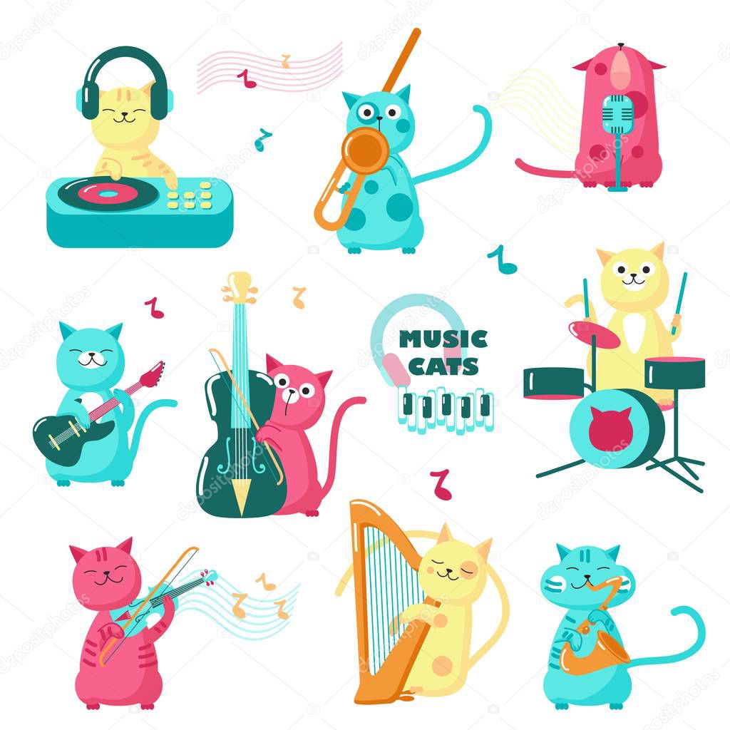 Cute funny music cats vector isolated illustration