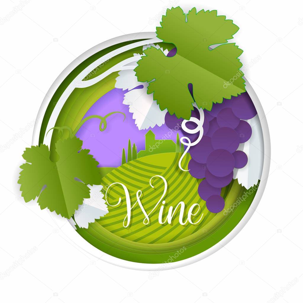 Vector paper cut bunch of grapes with leaf. Purple grape vine, vineyard landscape in round frame. Red wine label, emblem.