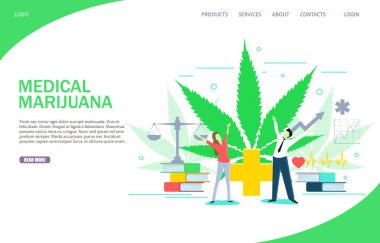 Tıbbi esrar açılış sayfası Web sitesi şablonu. Vektör düz çizim. Tıbbi Esrar tedavisi.