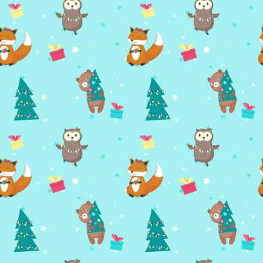 Sevimli Noel hayvanlar ile vektör seamless modeli