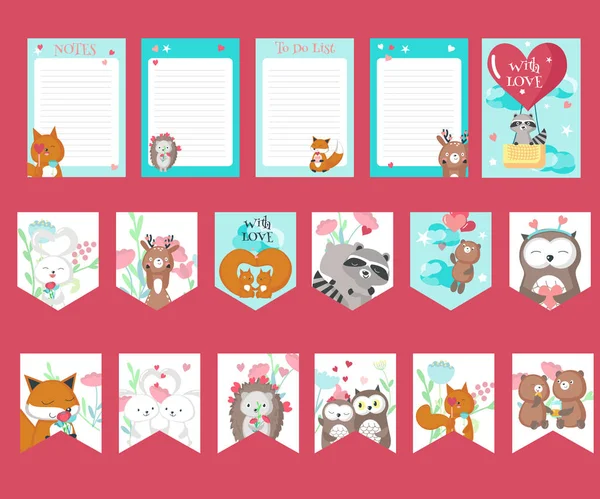 Vector Set Gift Tags Partij Vlaggen Liefde Kaarten Kladblok Bladen — Stockvector