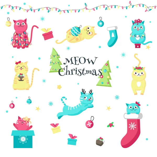 Słodkie śmieszne Boże Narodzenie koty wektor ilustracja na białym tle — Wektor stockowy