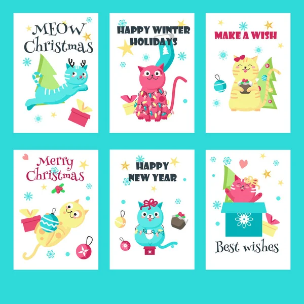 Vector conjunto de tarjetas de Navidad con gatos lindos — Vector de stock