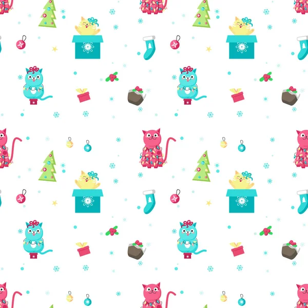Patrón sin costura vectorial con lindos gatos de Navidad — Vector de stock