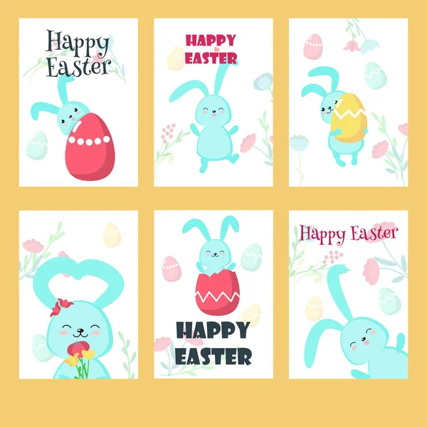 Vector set of greeting cards with Easter rabbits — Stock Vector