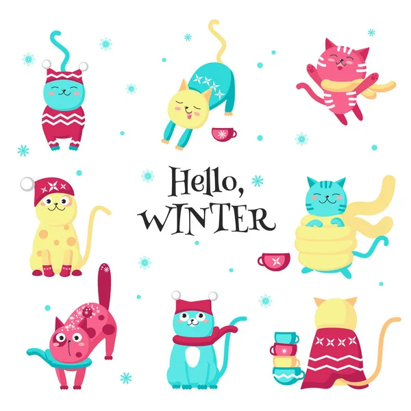 Niedlich lustig Winter Katzen Vektor isoliert Abbildung — Stockvektor