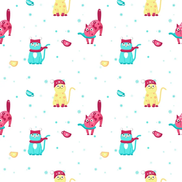 かわいい冬猫とシームレスなパターン ベクトル — ストックベクタ