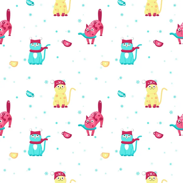 Patrón sin costura vectorial con lindos gatos de invierno — Vector de stock