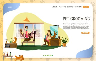 Evde beslenen hayvan damat açılış sayfası Web sitesi şablonu. Vektör evde beslenen hayvan damat köpek bakım hizmetleri sağlayan düz Illustration. Köpek saç kesimi. Evde beslenen hayvan Kuaför Salonu.