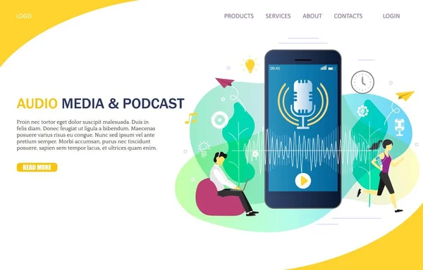 音频媒体和播客登陆页面网站矢量模板 — 图库矢量图片