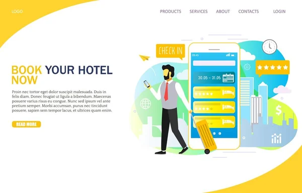 Buchen hotel online landung seite website vektor vorlage — Stockvektor