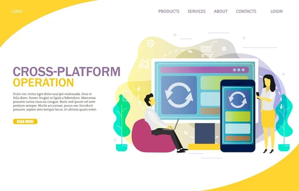 Plattformübergreifender Betrieb Landing Page Website Vektor Template Personen Die Operationen — Stockvektor
