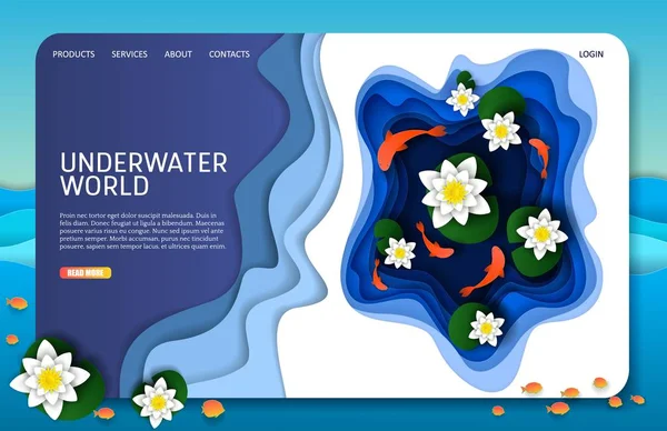 Vector papier knippen onderwaterwereld landing pagina website sjabloon — Stockvector