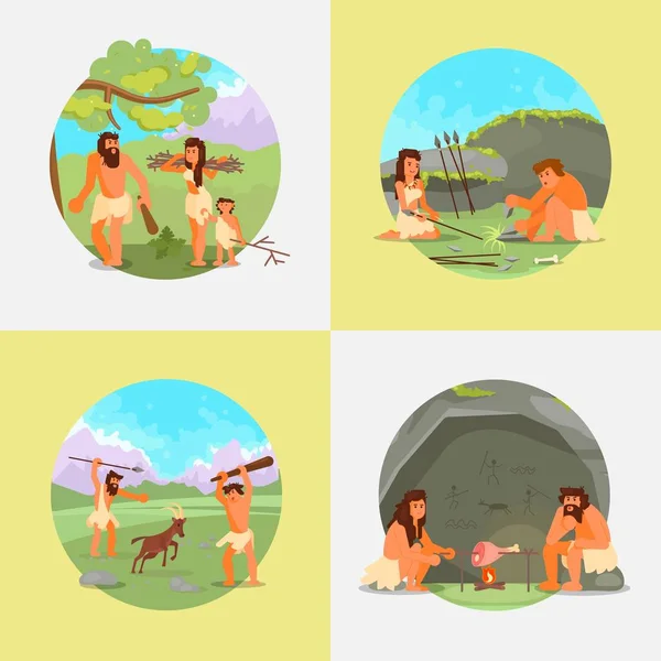 Cavernicoli pietra età persone vettore piatto illustrazione — Vettoriale Stock