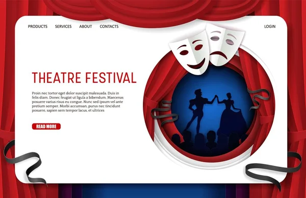 Vector papel corte teatro festival landing page página web plantilla — Archivo Imágenes Vectoriales