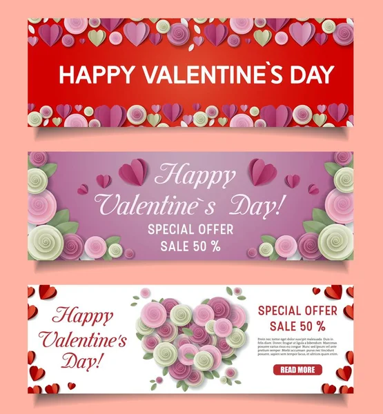 Corte de papel vectorial Feliz día de San Valentín venta de banners web — Vector de stock