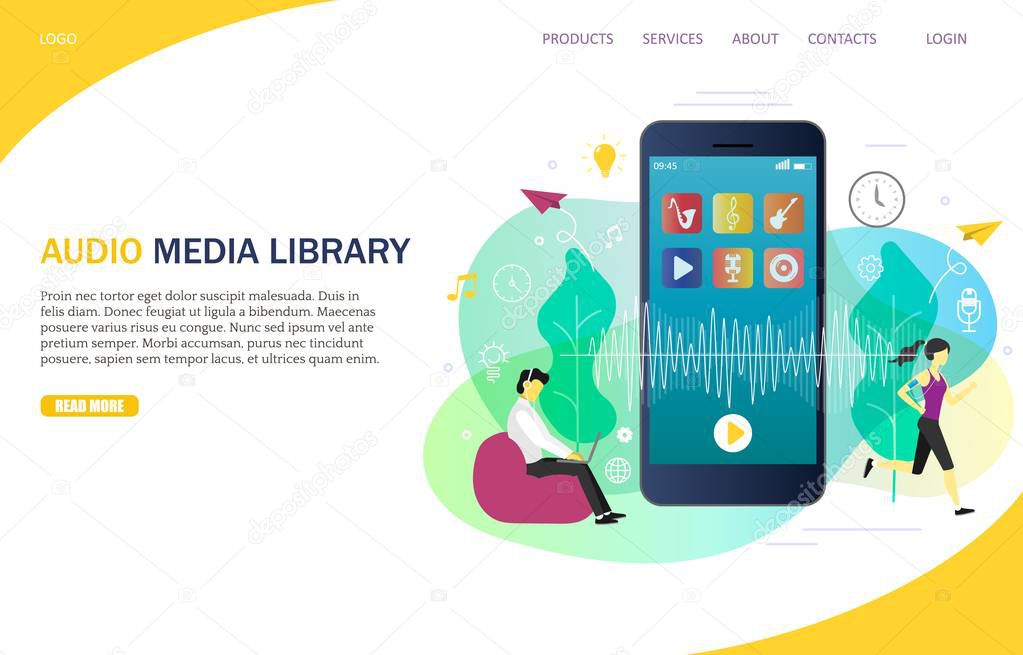 Audio media library landing page website vector template